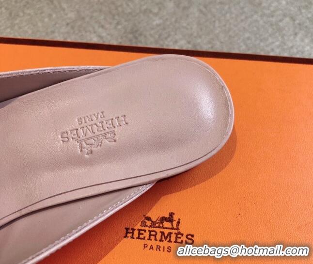 Best Grade Hermes Oz Flat Mules in Stone Embossed Leather Pink 815049