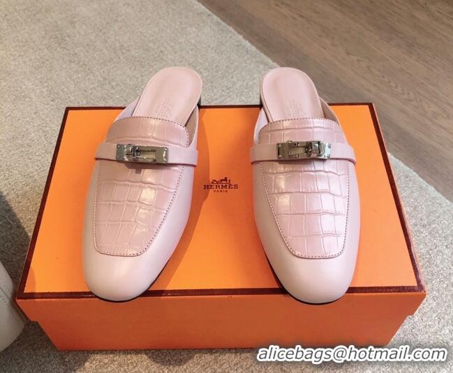 Best Grade Hermes Oz Flat Mules in Stone Embossed Leather Pink 815049