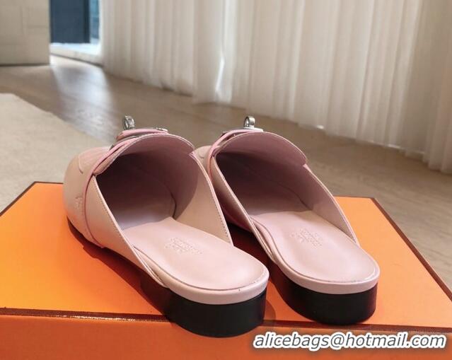 Best Grade Hermes Oz Flat Mules in Stone Embossed Leather Pink 815049