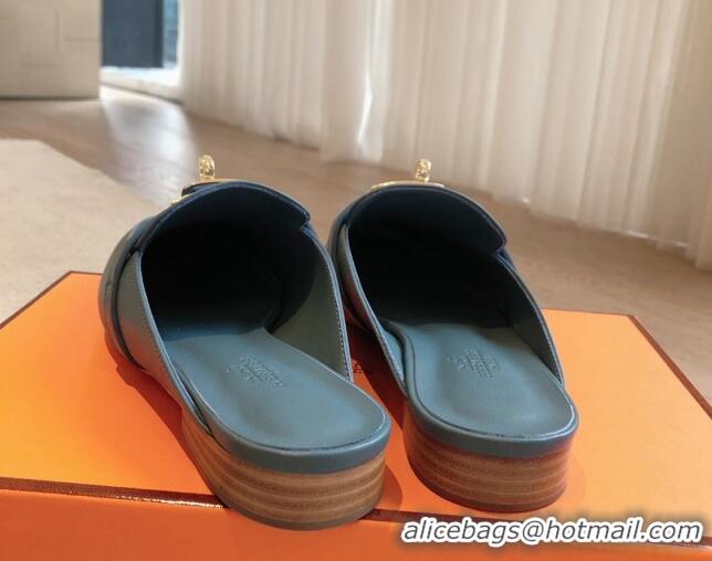 Good Quality Hermes Oz Flat Mules in Calfskin Leather Dark Blue 815050