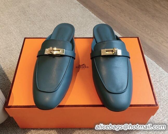 Good Quality Hermes Oz Flat Mules in Calfskin Leather Dark Blue 815050