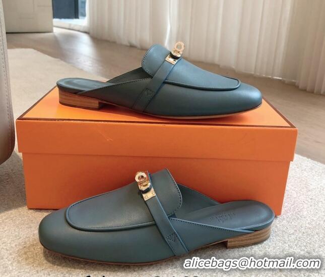 Good Quality Hermes Oz Flat Mules in Calfskin Leather Dark Blue 815050