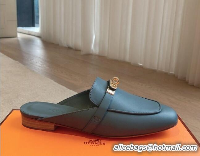 Good Quality Hermes Oz Flat Mules in Calfskin Leather Dark Blue 815050