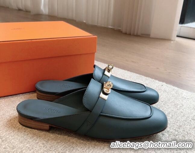 Good Quality Hermes Oz Flat Mules in Calfskin Leather Dark Blue 815050