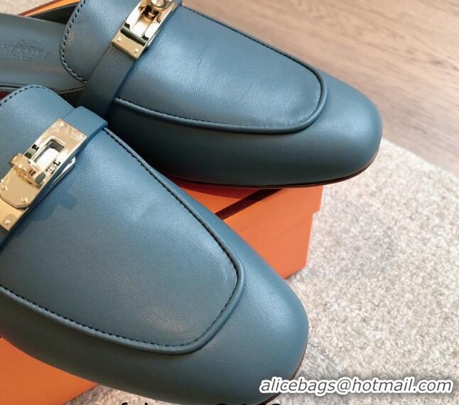 Good Quality Hermes Oz Flat Mules in Calfskin Leather Dark Blue 815050