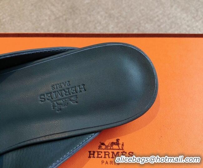 Good Quality Hermes Oz Flat Mules in Calfskin Leather Dark Blue 815050