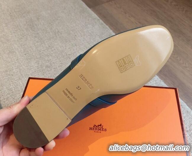 Good Quality Hermes Oz Flat Mules in Calfskin Leather Dark Blue 815050