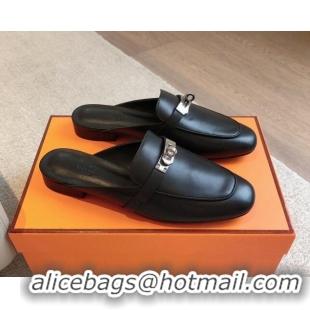 Pretty Style Hermes Oz Flat Mules in Calfskin Leather Black/Silver 815051