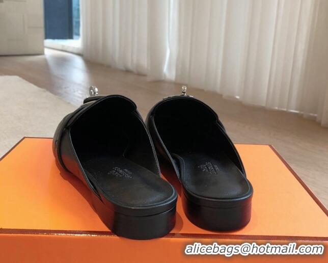 Pretty Style Hermes Oz Flat Mules in Calfskin Leather Black/Silver 815051