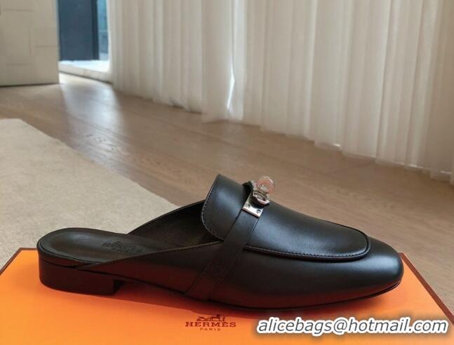 Pretty Style Hermes Oz Flat Mules in Calfskin Leather Black/Silver 815051