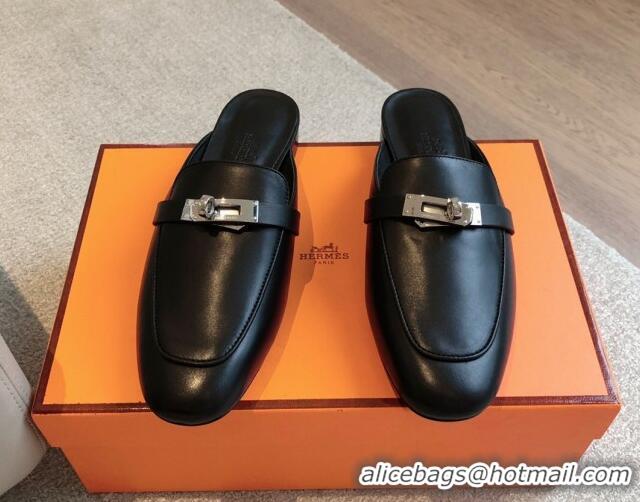 Pretty Style Hermes Oz Flat Mules in Calfskin Leather Black/Silver 815051