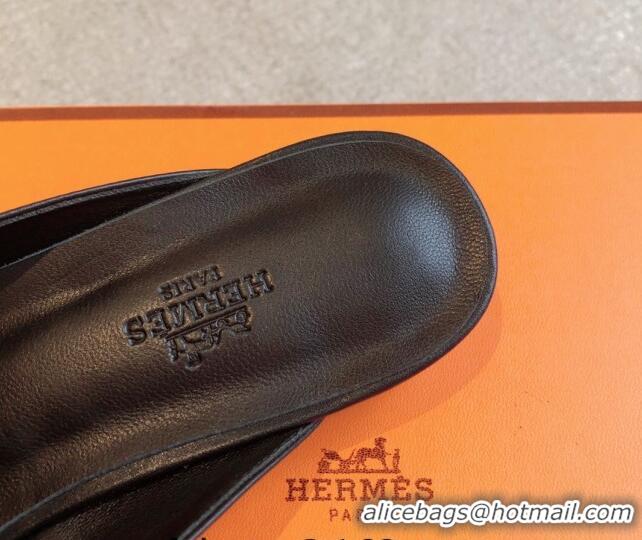 Pretty Style Hermes Oz Flat Mules in Calfskin Leather Black/Silver 815051