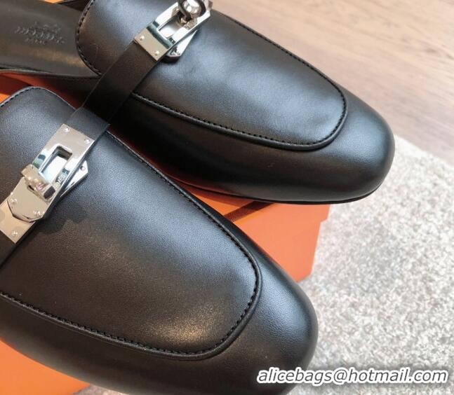 Pretty Style Hermes Oz Flat Mules in Calfskin Leather Black/Silver 815051