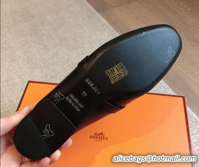 Pretty Style Hermes Oz Flat Mules in Calfskin Leather Black/Silver 815051