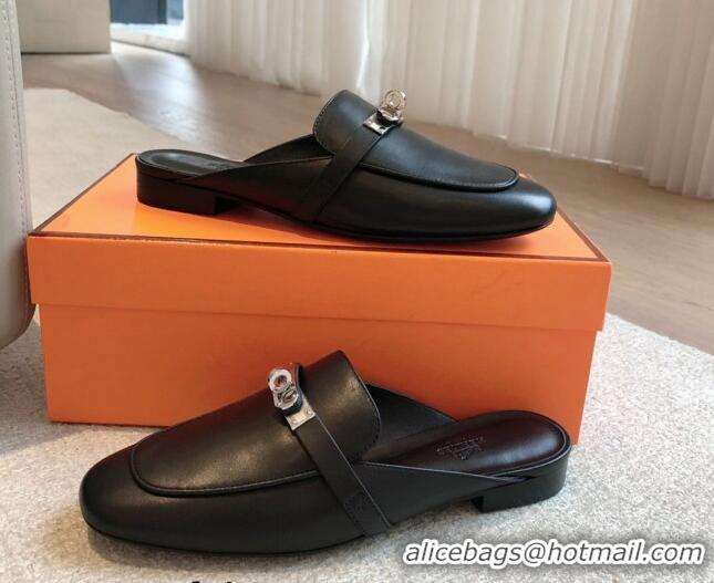 Pretty Style Hermes Oz Flat Mules in Calfskin Leather Black/Silver 815051