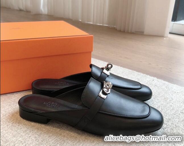 Pretty Style Hermes Oz Flat Mules in Calfskin Leather Black/Silver 815051