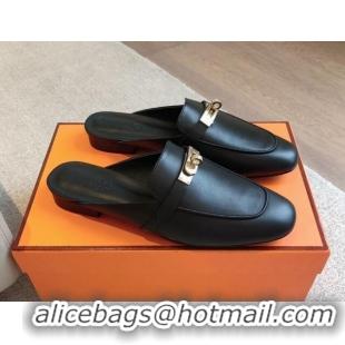 Most Popular Hermes Oz Flat Mules in Calfskin Leather Black/Gold 815052