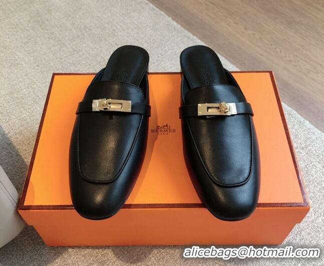 Most Popular Hermes Oz Flat Mules in Calfskin Leather Black/Gold 815052