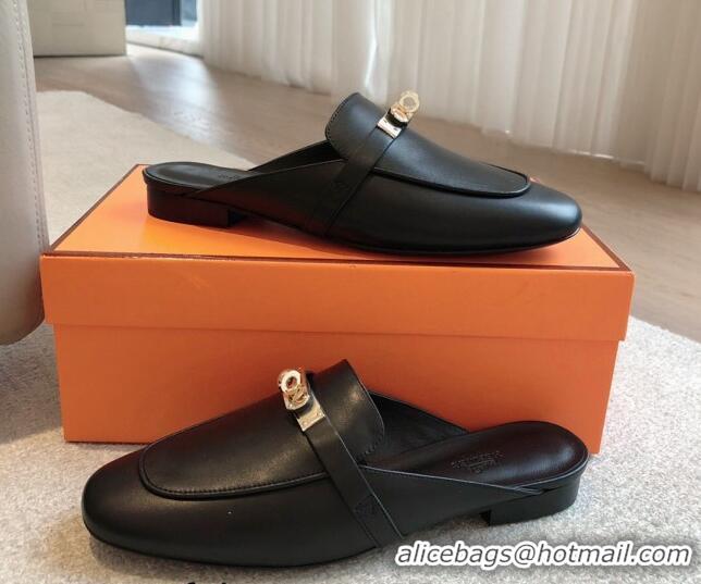 Most Popular Hermes Oz Flat Mules in Calfskin Leather Black/Gold 815052