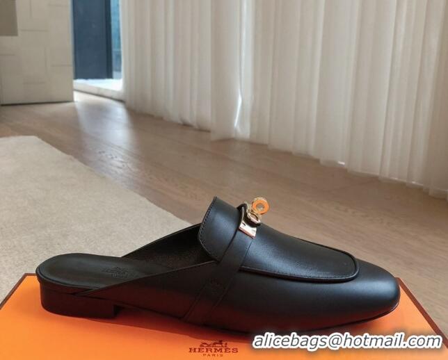 Most Popular Hermes Oz Flat Mules in Calfskin Leather Black/Gold 815052