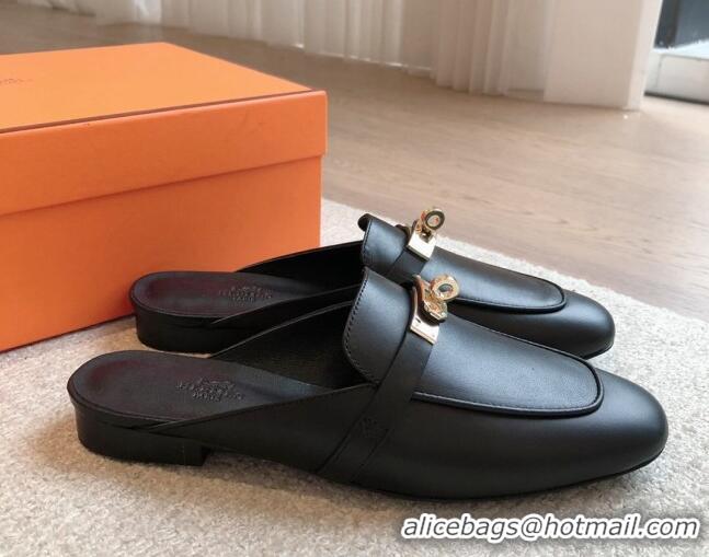 Most Popular Hermes Oz Flat Mules in Calfskin Leather Black/Gold 815052