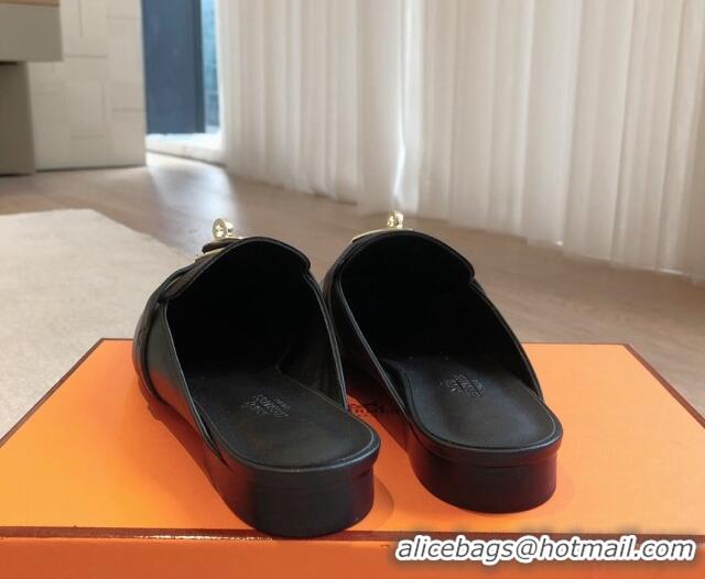 Most Popular Hermes Oz Flat Mules in Calfskin Leather Black/Gold 815052