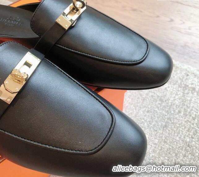 Most Popular Hermes Oz Flat Mules in Calfskin Leather Black/Gold 815052