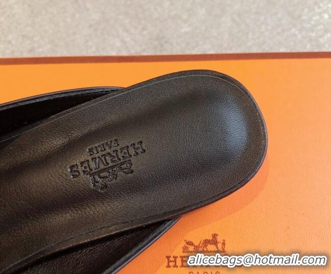 Most Popular Hermes Oz Flat Mules in Calfskin Leather Black/Gold 815052