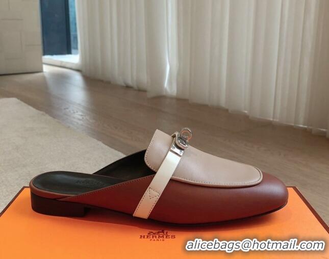 Best Product Hermes Oz Flat Mules in Calfskin Leather Brown/Grey 815053