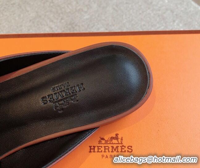 Best Product Hermes Oz Flat Mules in Calfskin Leather Brown/Grey 815053