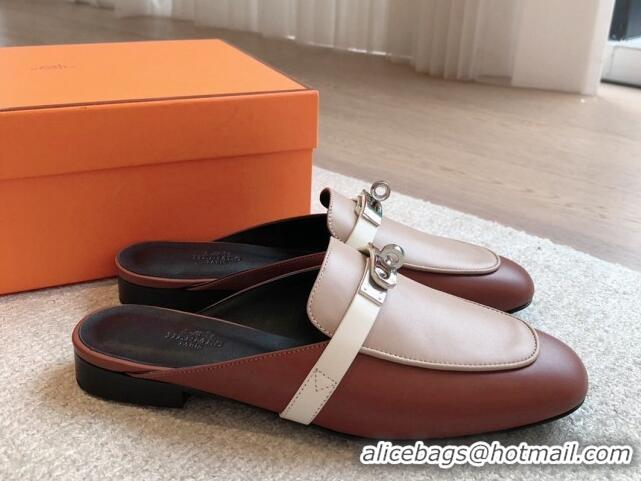 Best Product Hermes Oz Flat Mules in Calfskin Leather Brown/Grey 815053