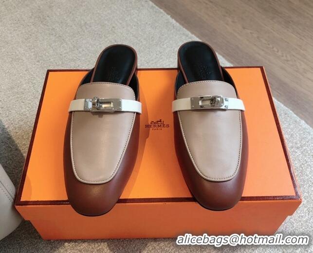 Best Product Hermes Oz Flat Mules in Calfskin Leather Brown/Grey 815053