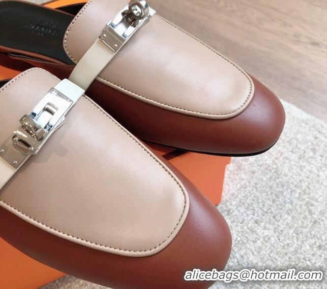 Best Product Hermes Oz Flat Mules in Calfskin Leather Brown/Grey 815053