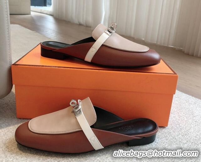 Best Product Hermes Oz Flat Mules in Calfskin Leather Brown/Grey 815053