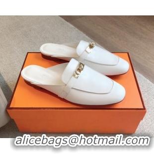 Luxurious Hermes Oz Flat Mules in Calfskin Leather White/Gold 815054