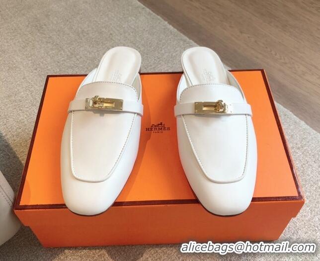 Luxurious Hermes Oz Flat Mules in Calfskin Leather White/Gold 815054