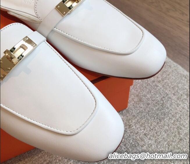 Luxurious Hermes Oz Flat Mules in Calfskin Leather White/Gold 815054