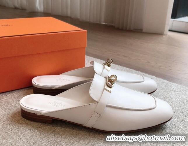 Luxurious Hermes Oz Flat Mules in Calfskin Leather White/Gold 815054