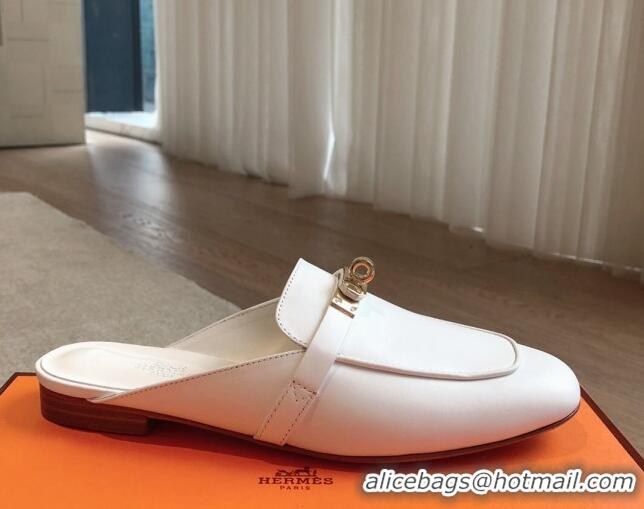 Luxurious Hermes Oz Flat Mules in Calfskin Leather White/Gold 815054