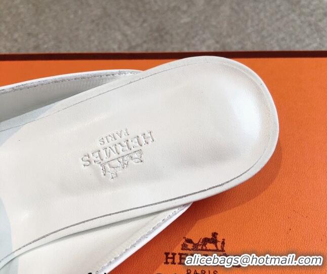 Luxurious Hermes Oz Flat Mules in Calfskin Leather White/Gold 815054