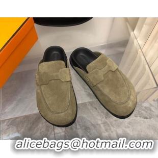 Durable Hermes Go Mules in Suede with "H" cut-out Khaki Green 815055