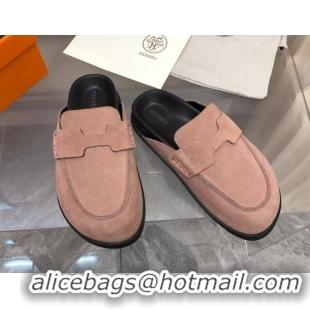 Top Design Hermes Go Mules in Suede with "H" cut-out Pale Pink 815057