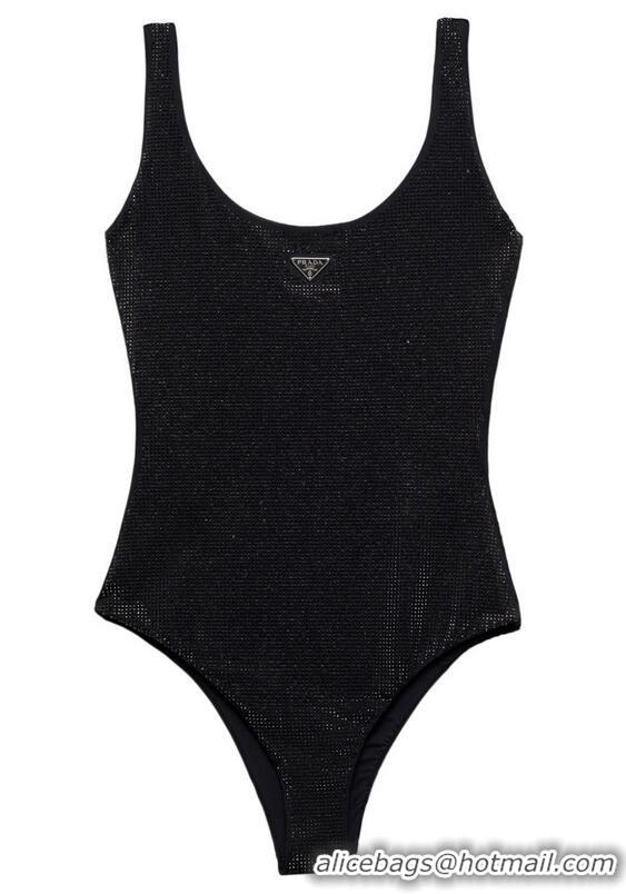 Super Quality Prada Triangle-logo Rhinestone-embellished Swimsuit PA5101 Black