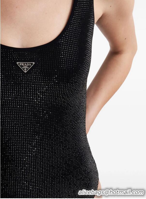 Super Quality Prada Triangle-logo Rhinestone-embellished Swimsuit PA5101 Black