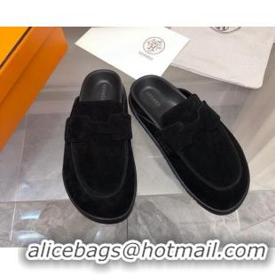 Shop Cheap Hermes Go Mules in Suede with "H" cut-out Black 815060