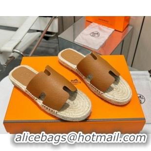 Low Cost Hermes Izmir Espadrille Flat Slides Sandal in Palm-Grained Leather Brown 815061