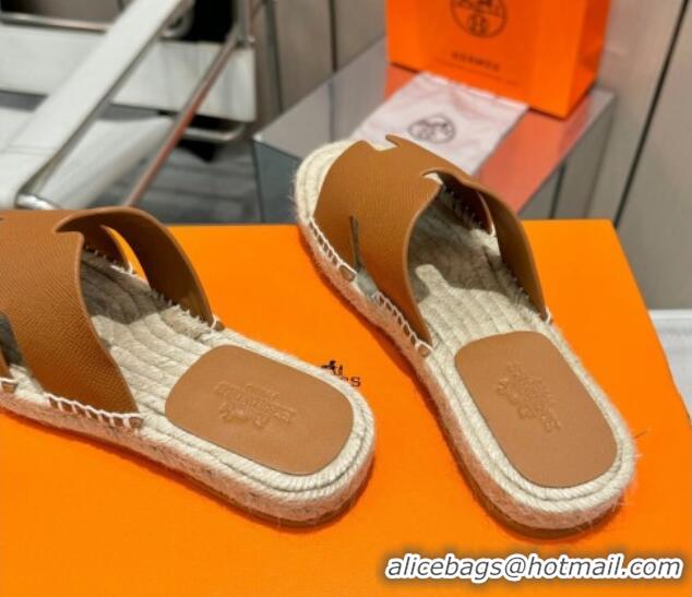 Low Cost Hermes Izmir Espadrille Flat Slides Sandal in Palm-Grained Leather Brown 815061