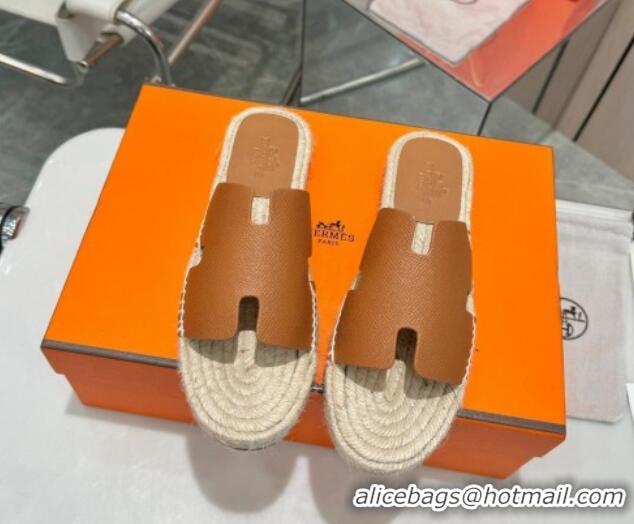 Low Cost Hermes Izmir Espadrille Flat Slides Sandal in Palm-Grained Leather Brown 815061