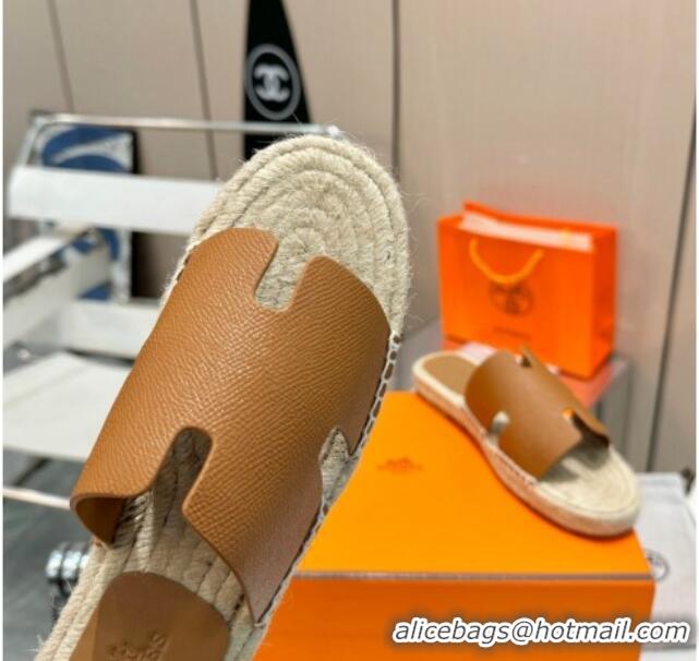 Low Cost Hermes Izmir Espadrille Flat Slides Sandal in Palm-Grained Leather Brown 815061