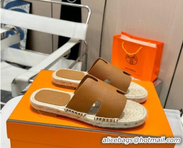 Low Cost Hermes Izmir Espadrille Flat Slides Sandal in Palm-Grained Leather Brown 815061